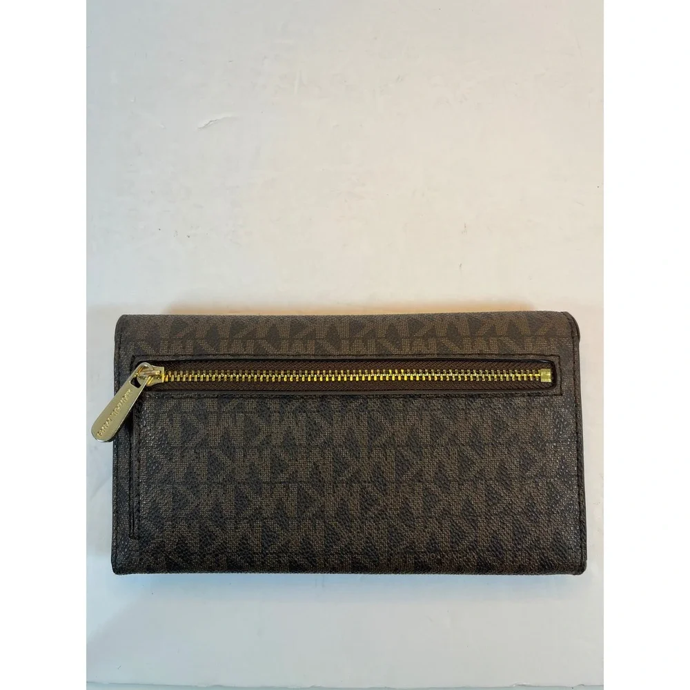 Michael Kors Fulton Flap Continental Wallet Brown Logo Signature Monogram Gold
